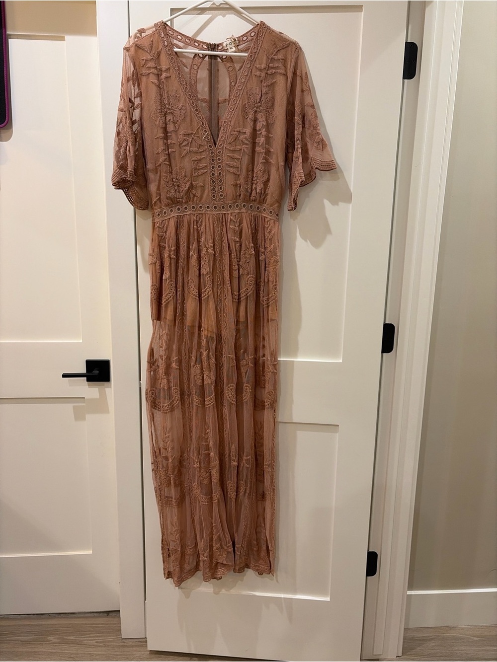 Women's Sheer Lace Maxi Dress in Blush
